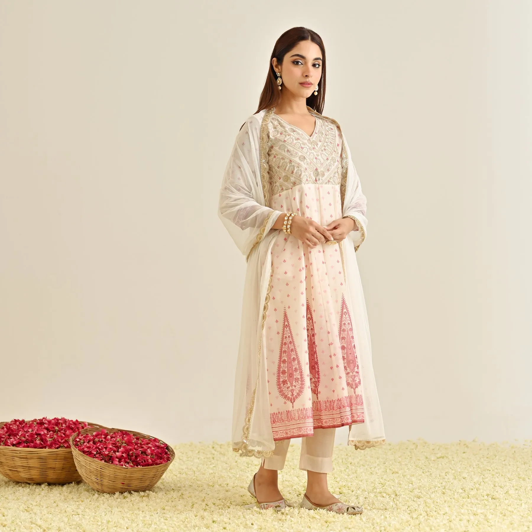 Off White Traditional Anarkali Set with Yoke Embroidery & Dupatta