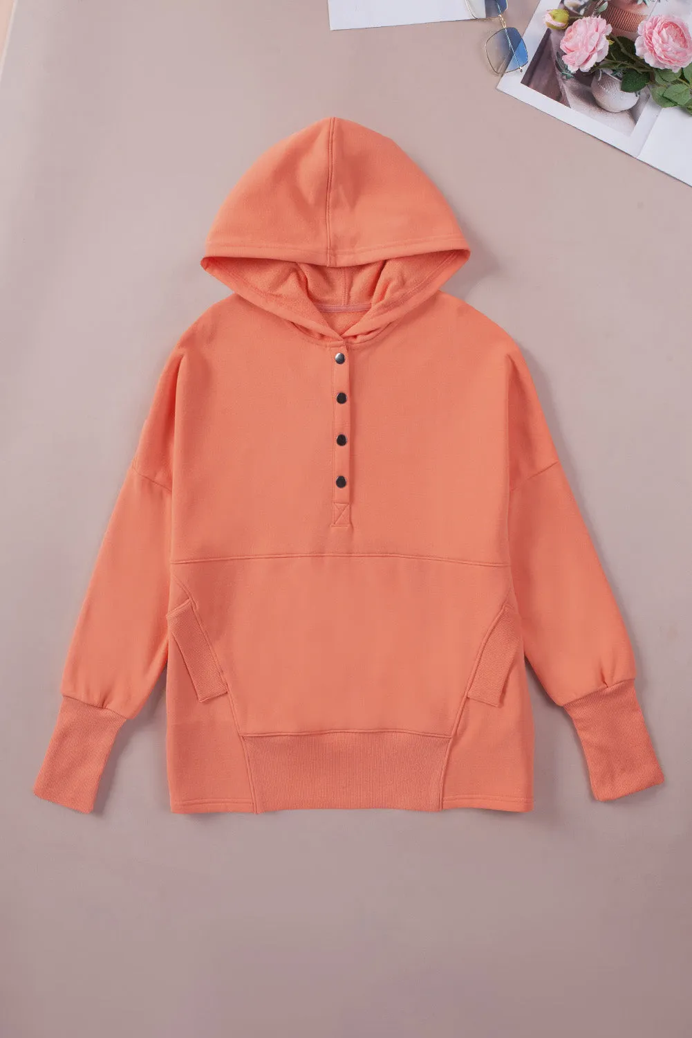 Orange Batwing Sleeve Pocketed Henley Hoodie