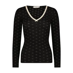 Polkadot Black VIntage Hearts Fitted V NECK LS w Ecru Cluny Lace