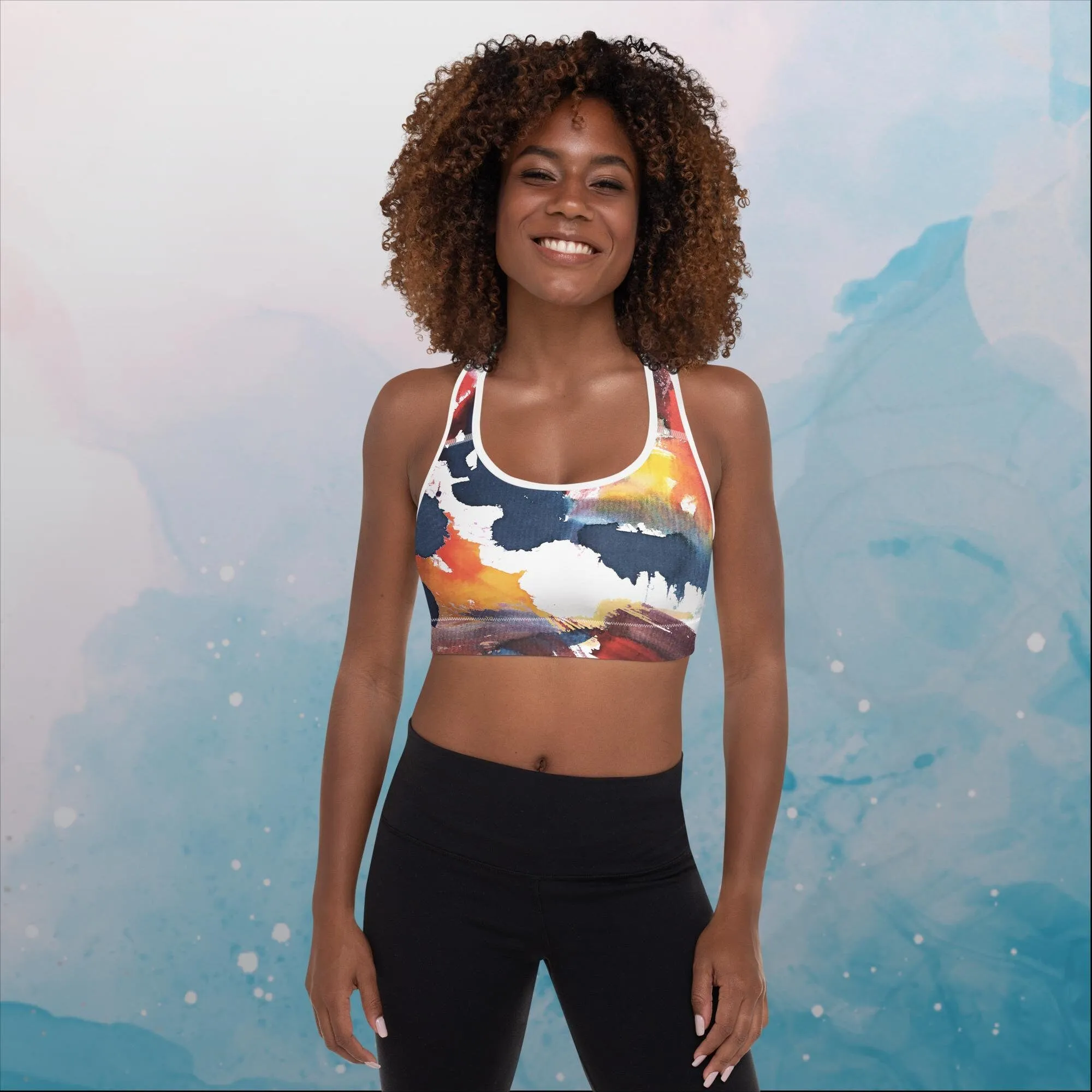 Primary Color Pallet Paint Print Womens Padded Sports Bra