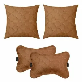 "Lushomes 4-Pack Car Cushion Pillows Set in Beige - Neck, Back, and Seat Rest with Embossed Leatherlike Fabric"