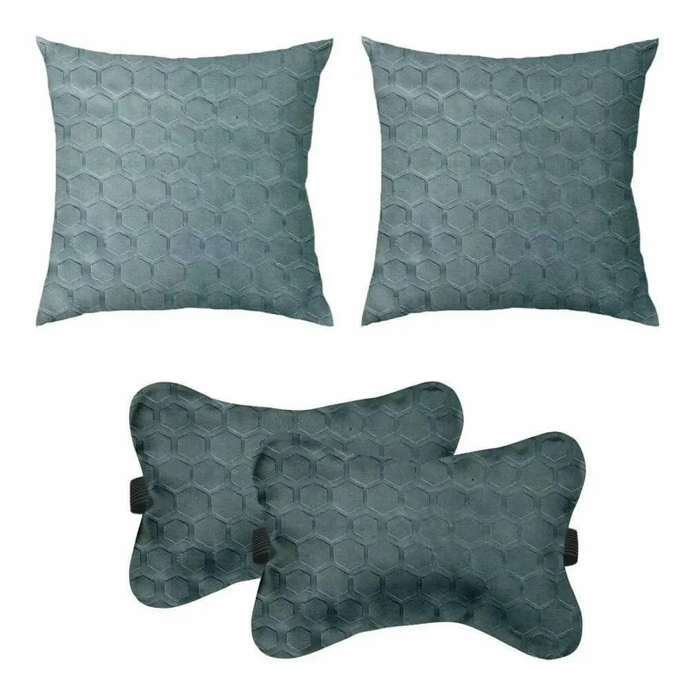 "Luxurious Lushomes Car Cushion Pillows: Neck, Back, and Seat Rest Set of 4 in Embossed Leatherlike Fabric, Grey"