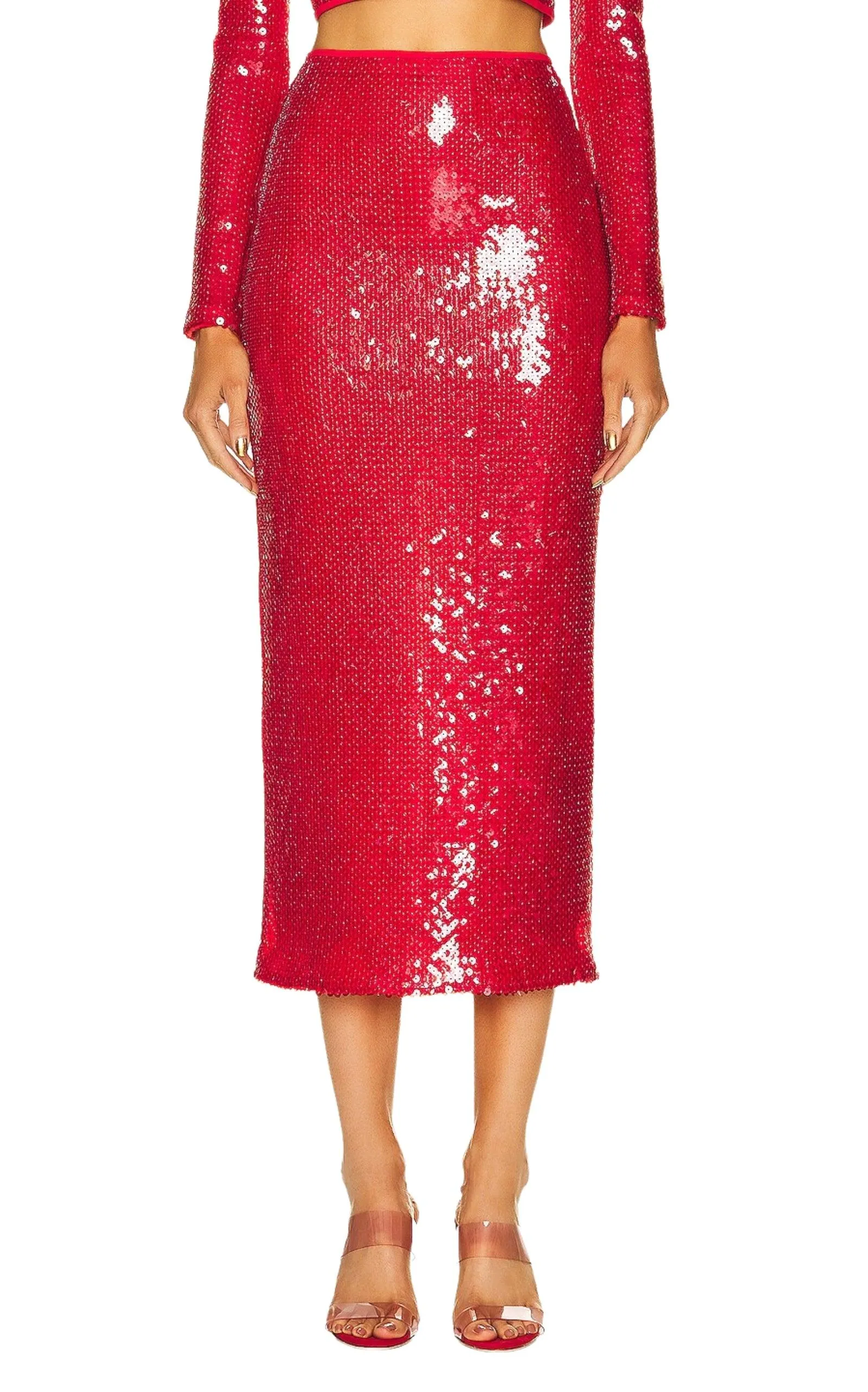 Red Sequinned Midi Skirt