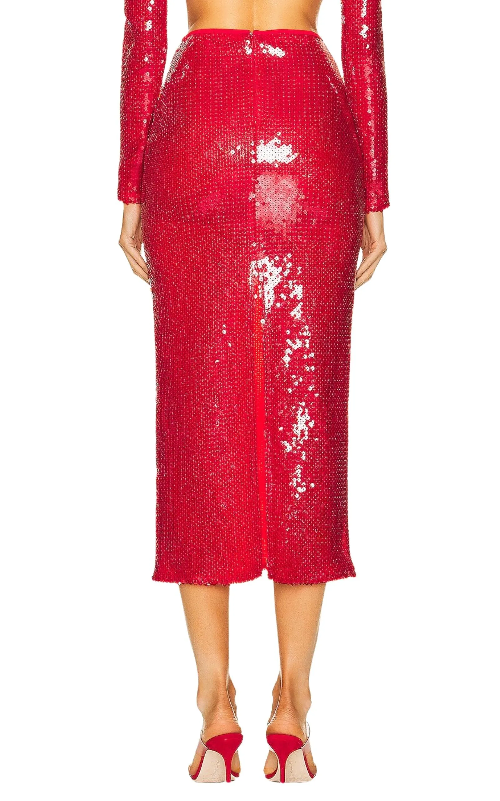 Red Sequinned Midi Skirt