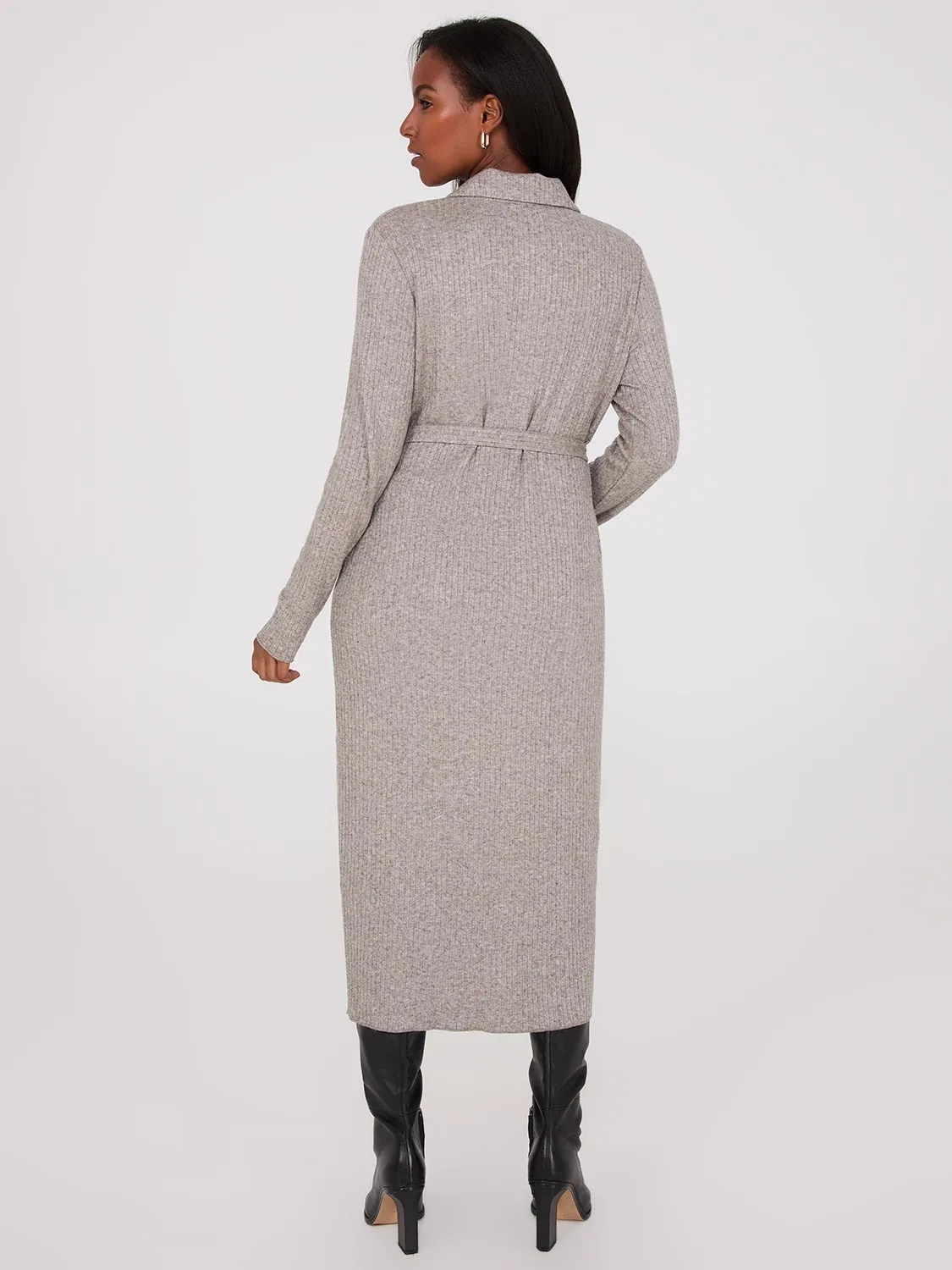 Ribbed Melange Button-Front Midi Dress