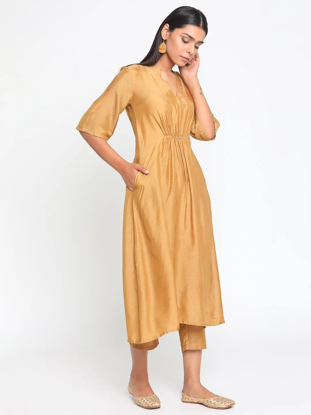 Silk Gold Flared Kurta Pant Set