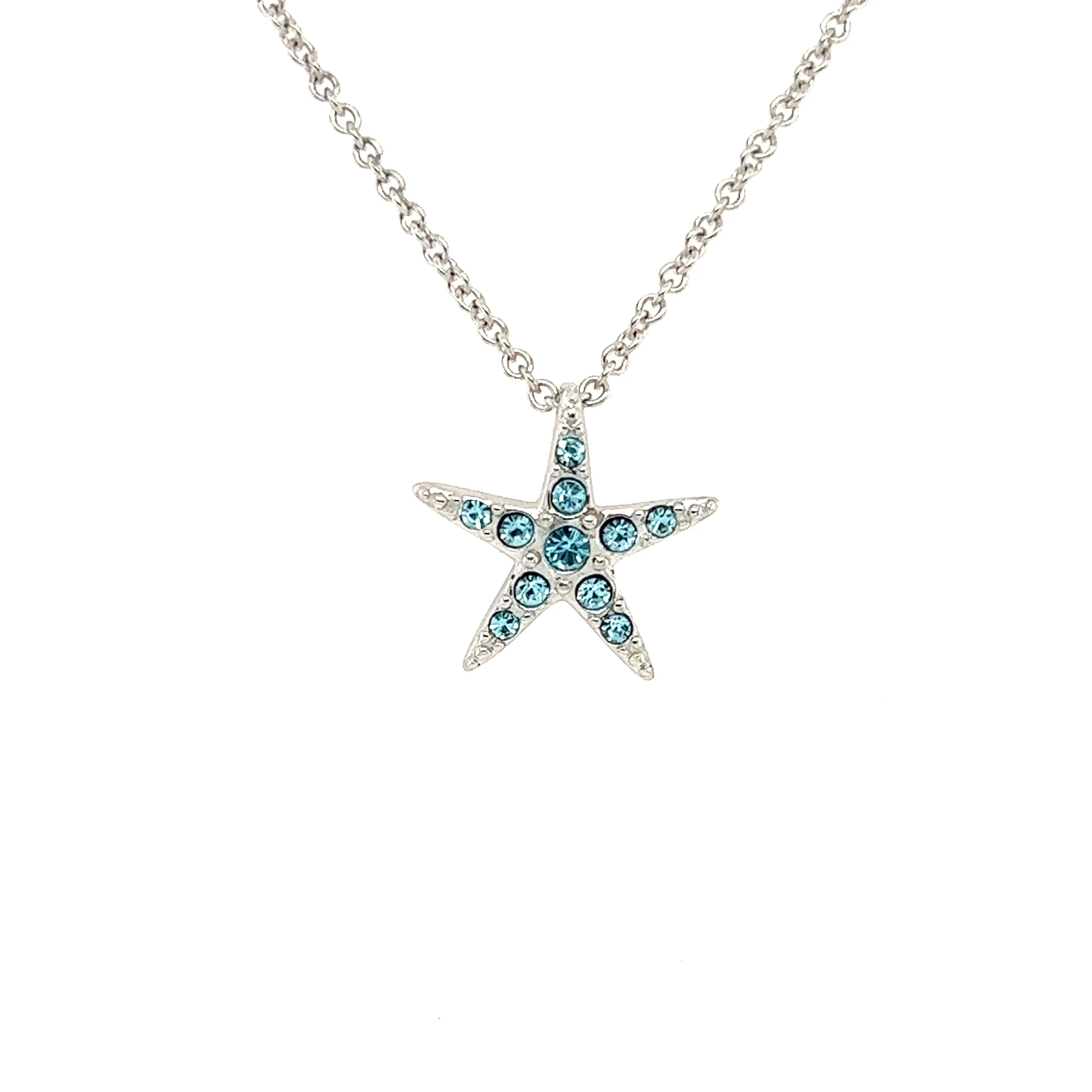 Small Starfish Necklace with Aqua Crystals in Sterling Silver