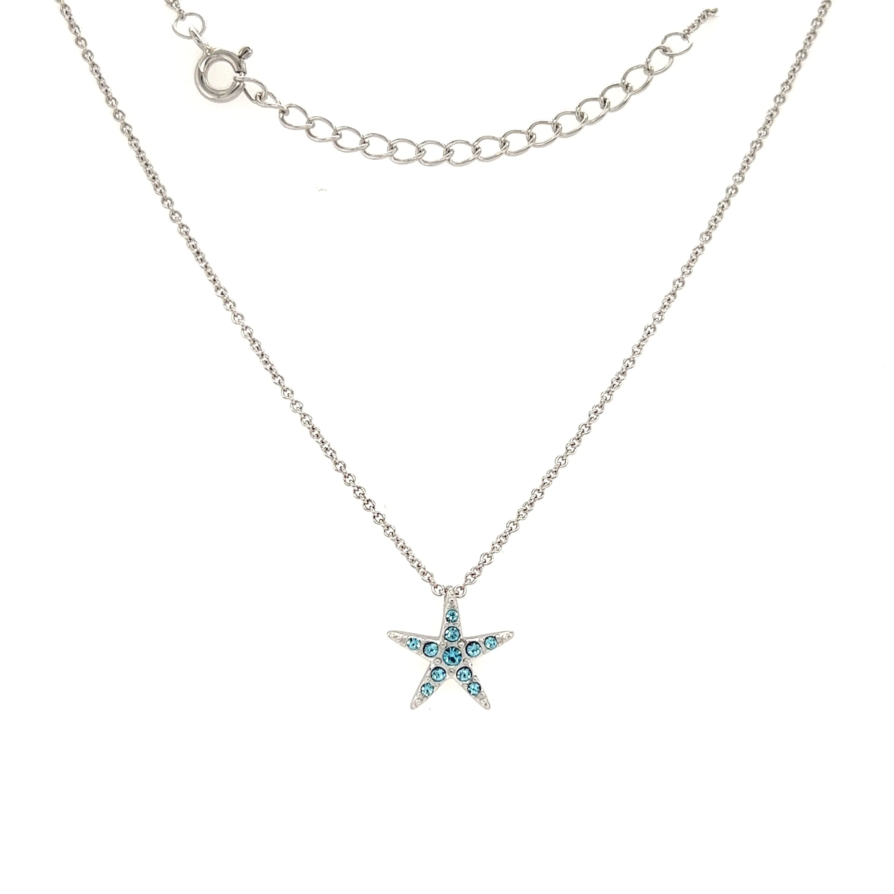 Small Starfish Necklace with Aqua Crystals in Sterling Silver