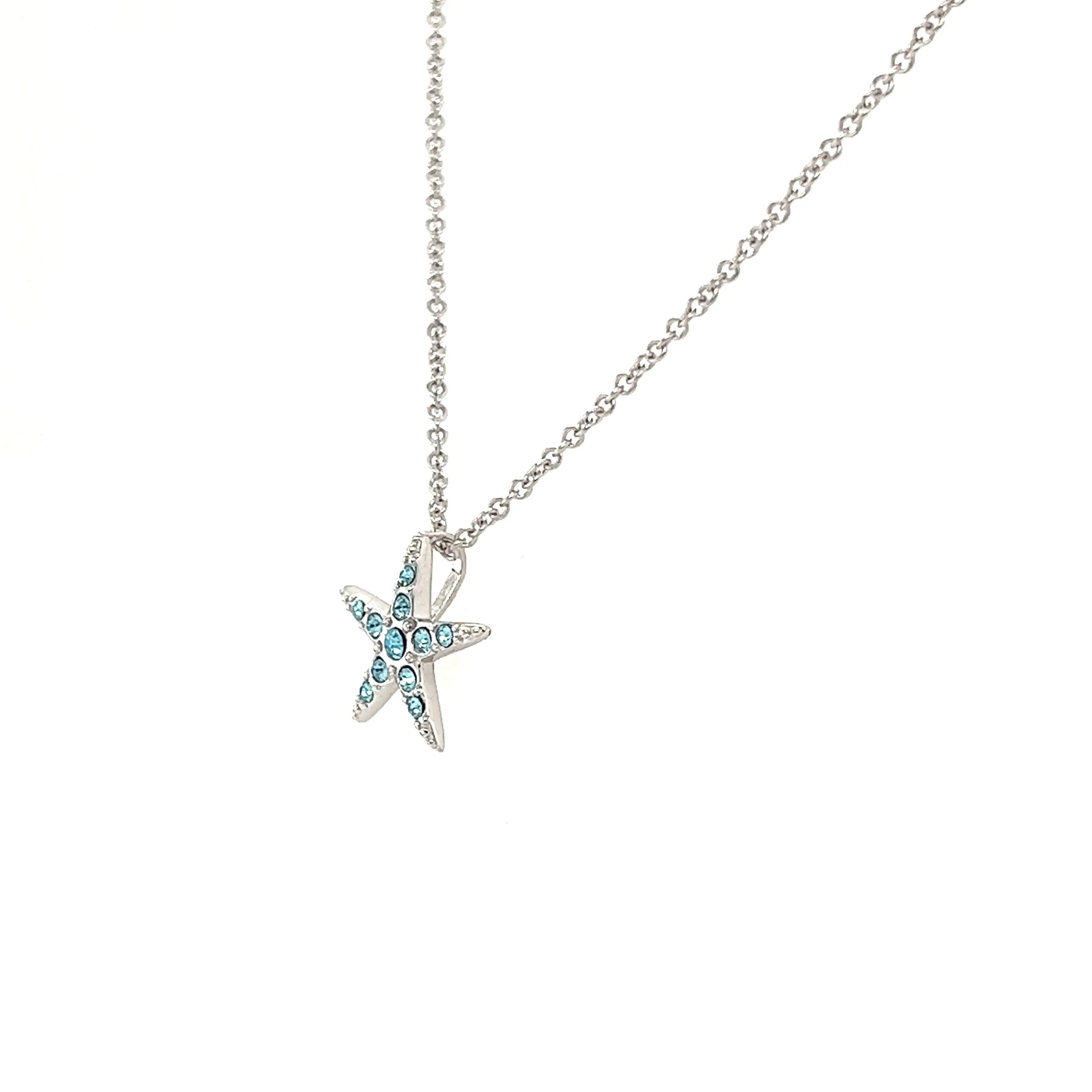 Small Starfish Necklace with Aqua Crystals in Sterling Silver