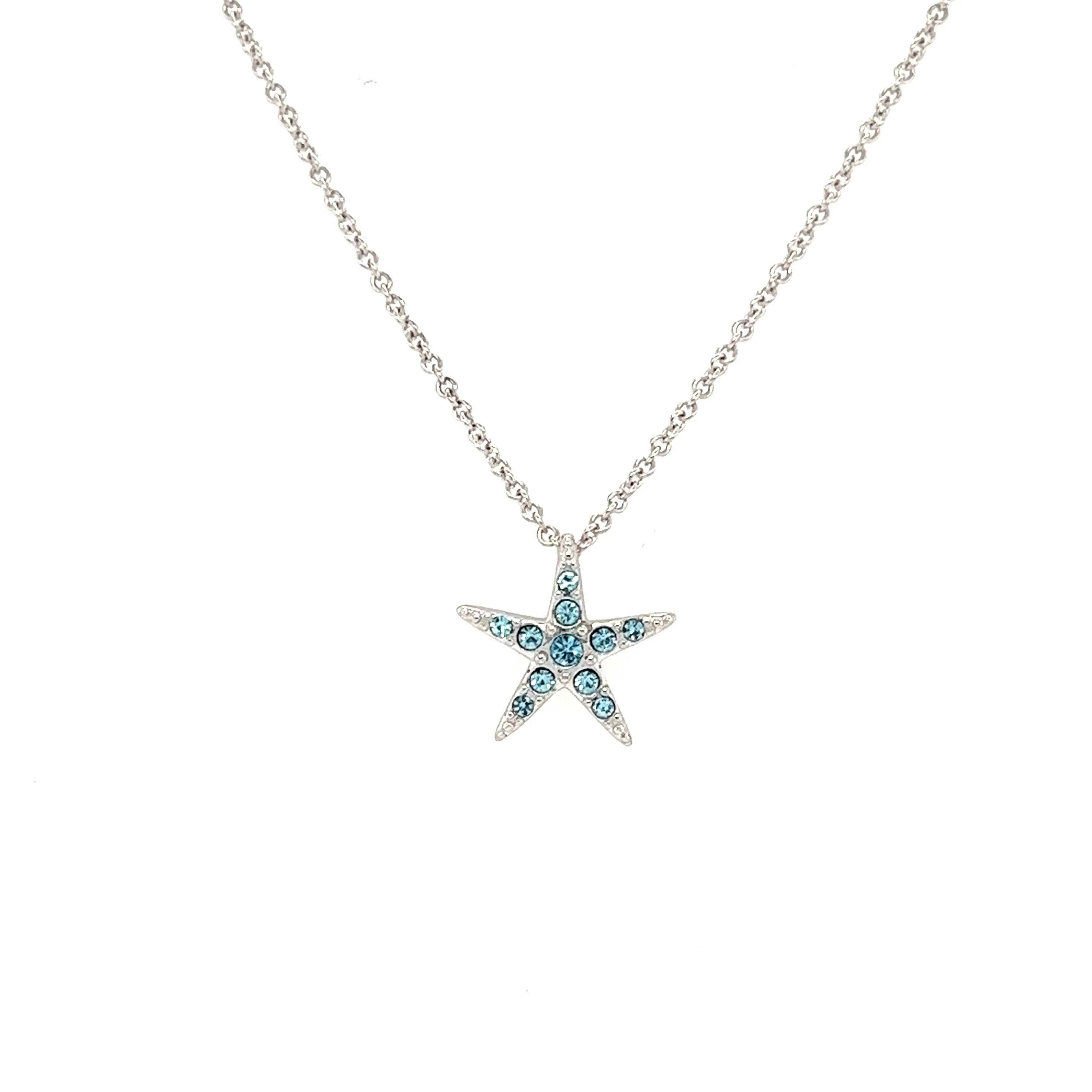 Small Starfish Necklace with Aqua Crystals in Sterling Silver