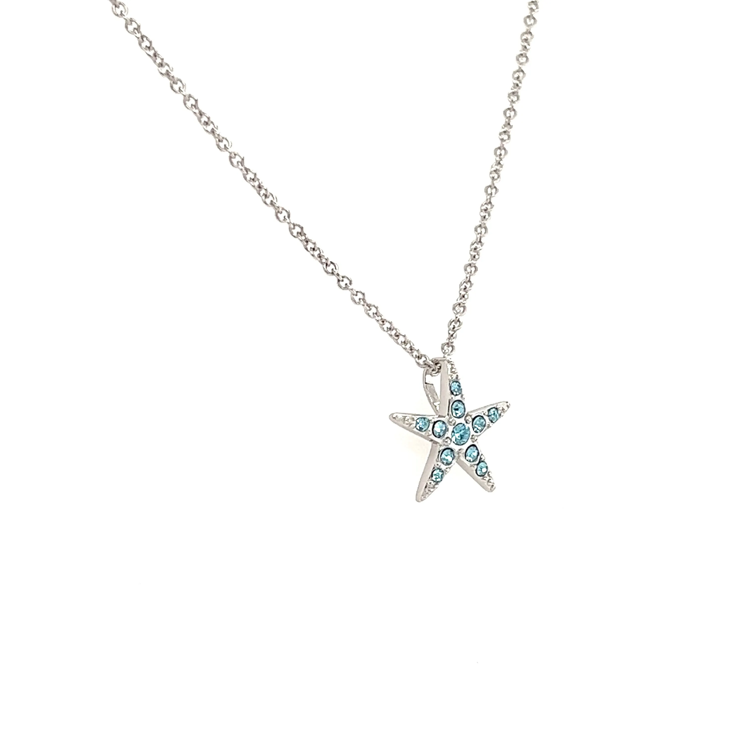 Small Starfish Necklace with Aqua Crystals in Sterling Silver