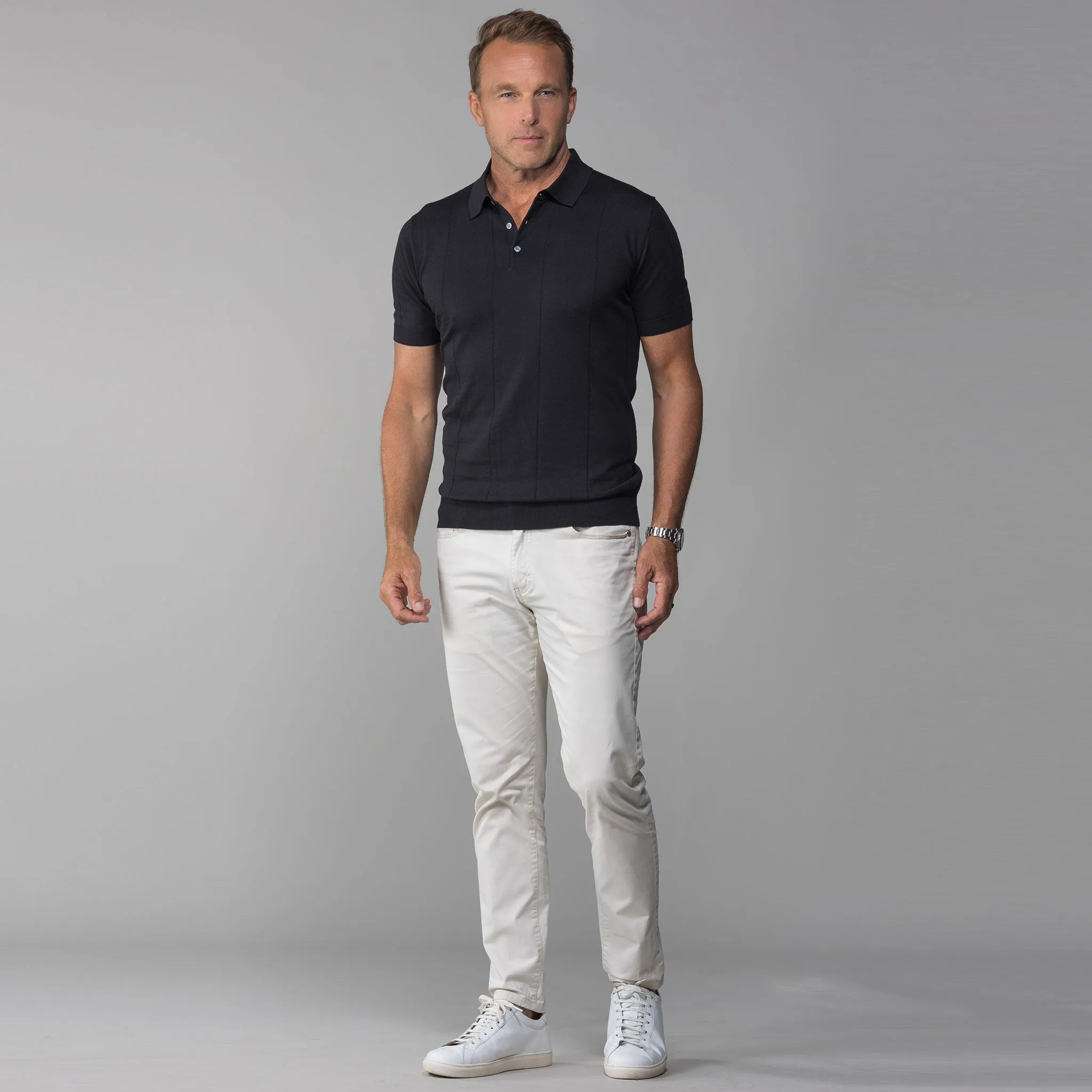 The Maranello Cotton & Silk Retro Stripe Polo Black - Tailored Fit