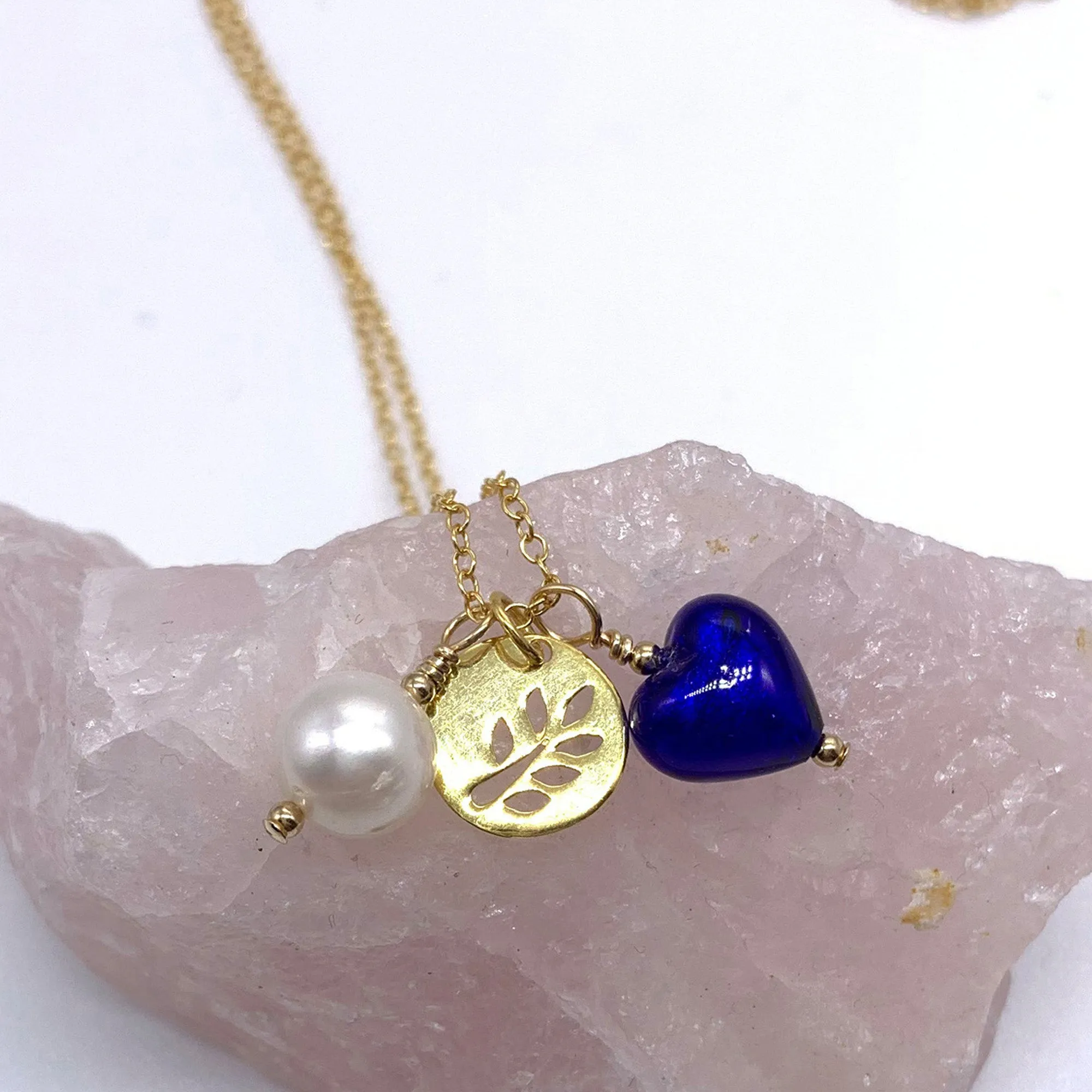 Three charm necklace in gold vermeil with aquamarine (blue) heart and *5 charm options*