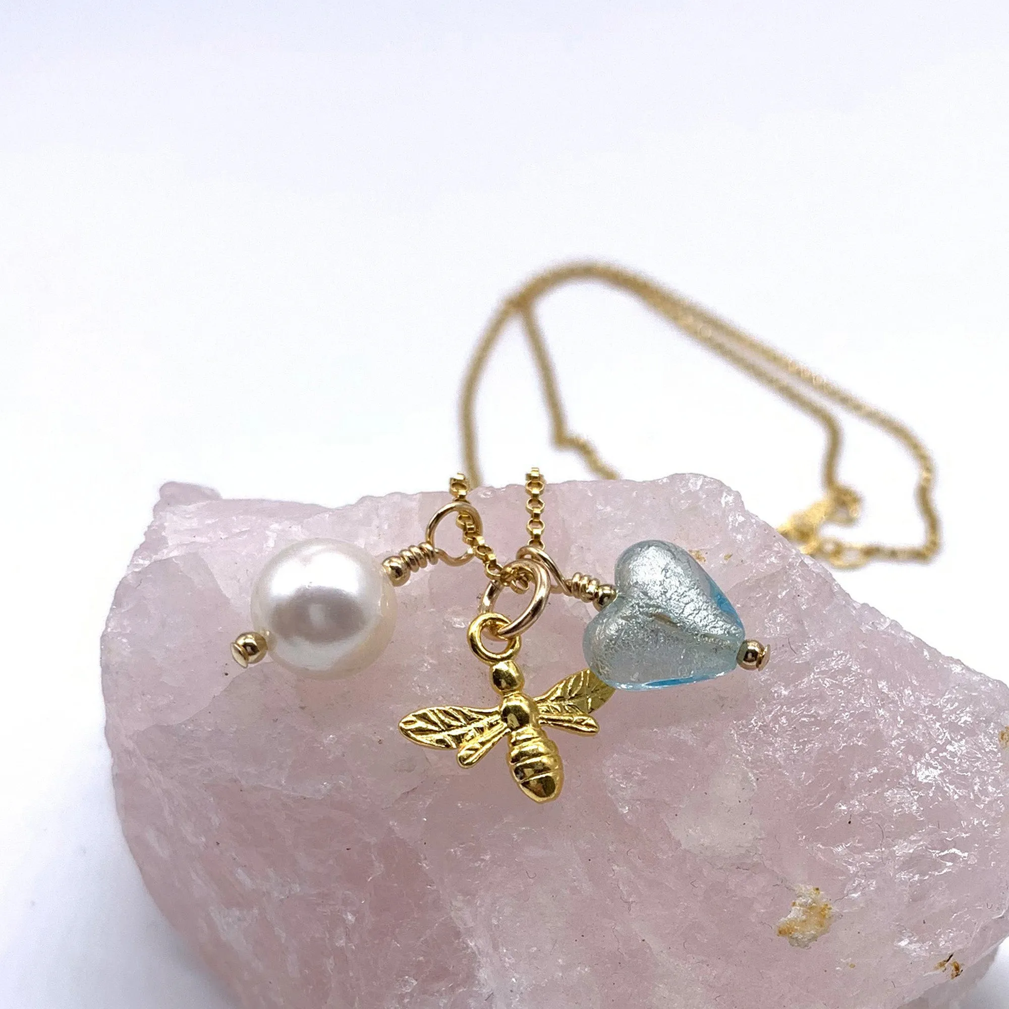 Three charm necklace in gold vermeil with aquamarine (blue) heart and *5 charm options*