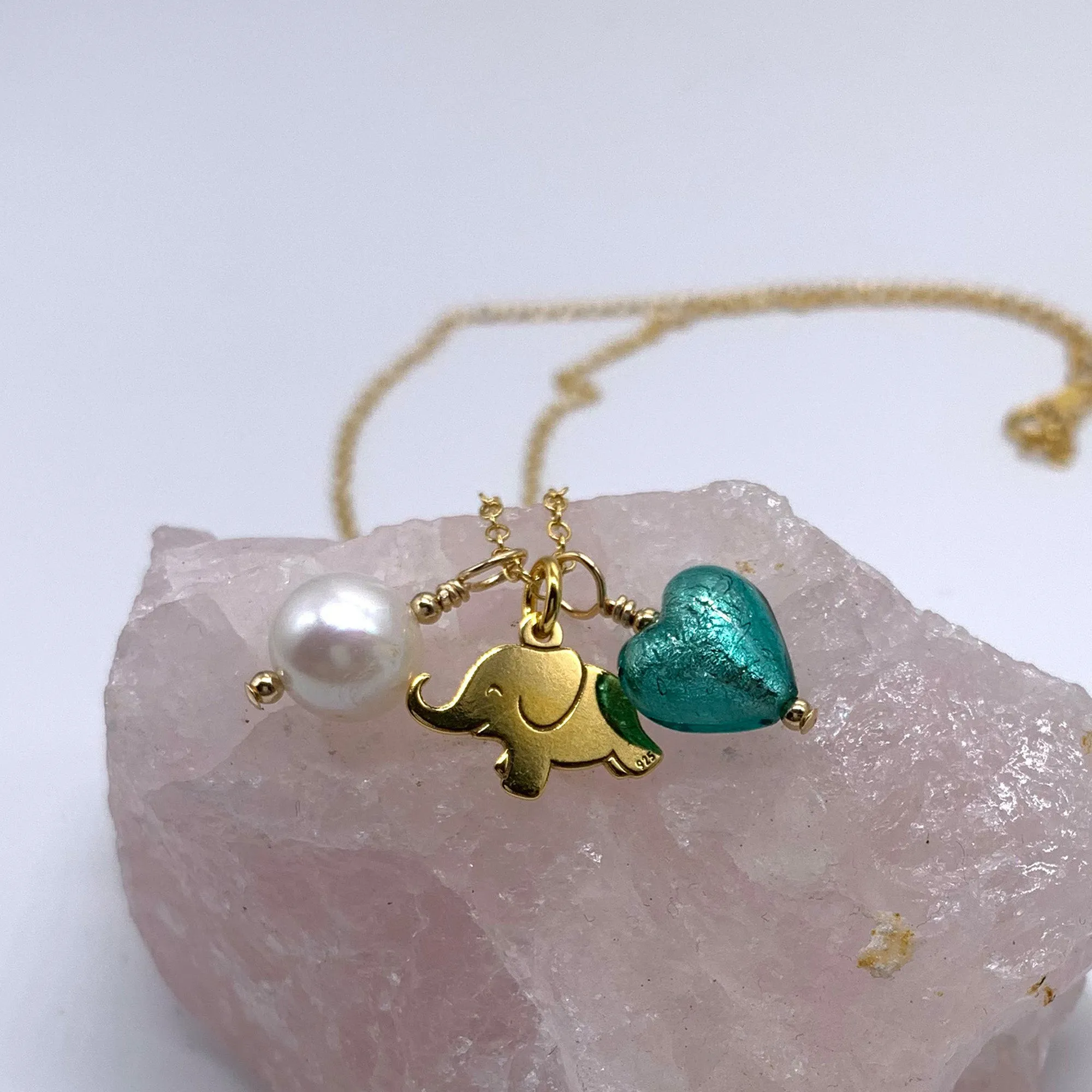 Three charm necklace in gold vermeil with aquamarine (blue) heart and *5 charm options*