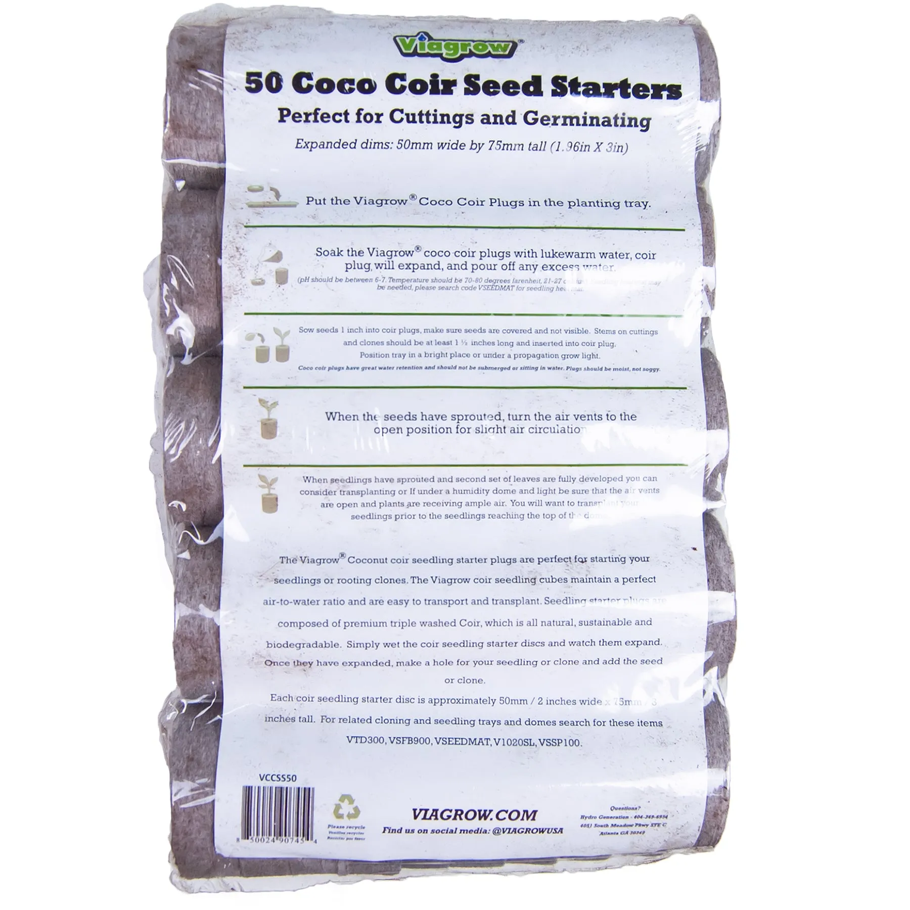 Viagrow Coco Coir Seed Starter Plugs 50 Per Pack, Expandable Coco Discs 50mm