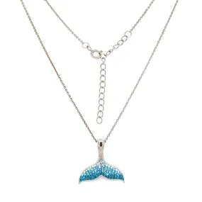 Whale Tail Necklace with Aqua Crystals in Sterling Silver