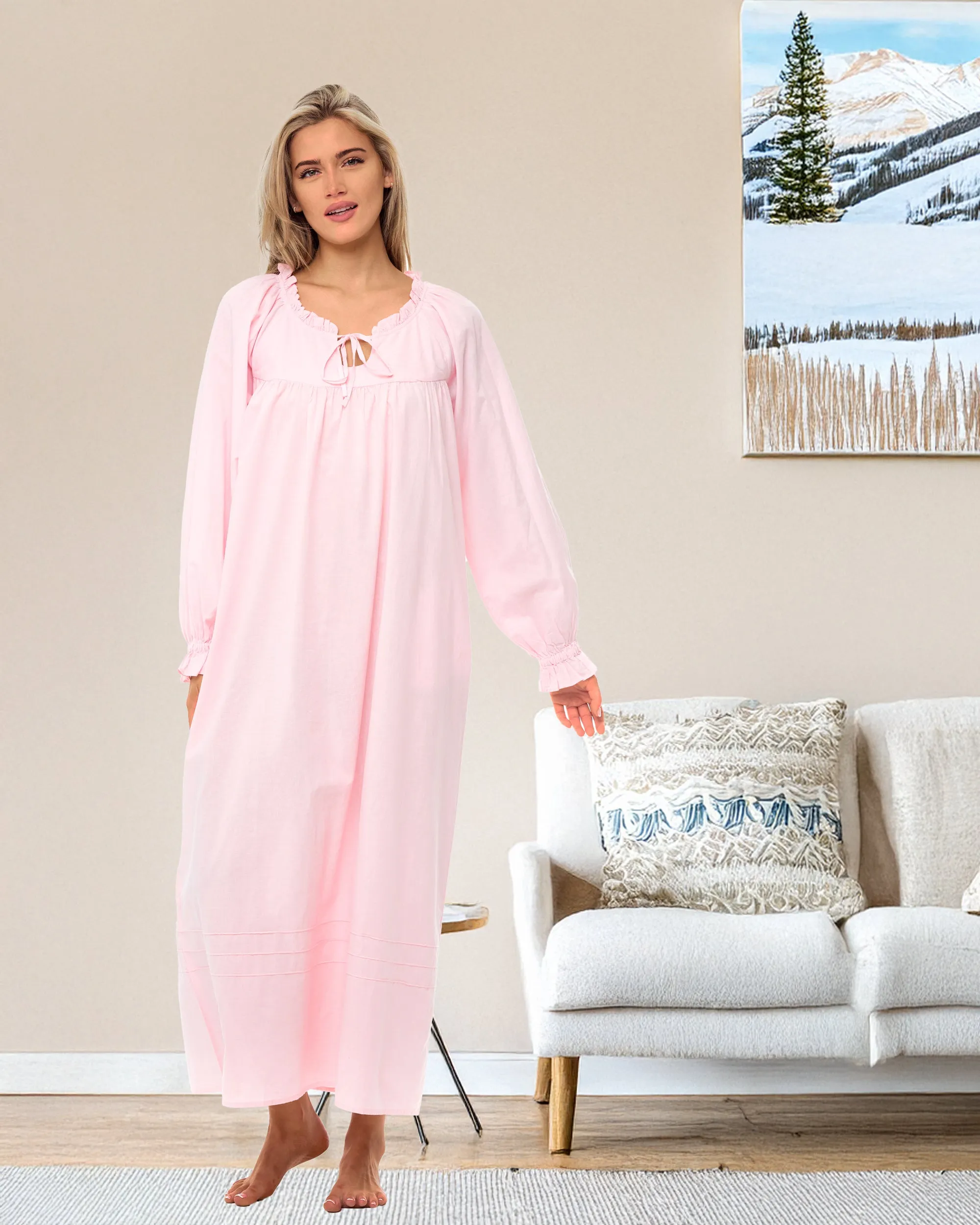 Women Cotton Victorian Nightgown Pockets, Long Sleeve Poet Nightshirt Ruffled Vintage Night Dress Gown