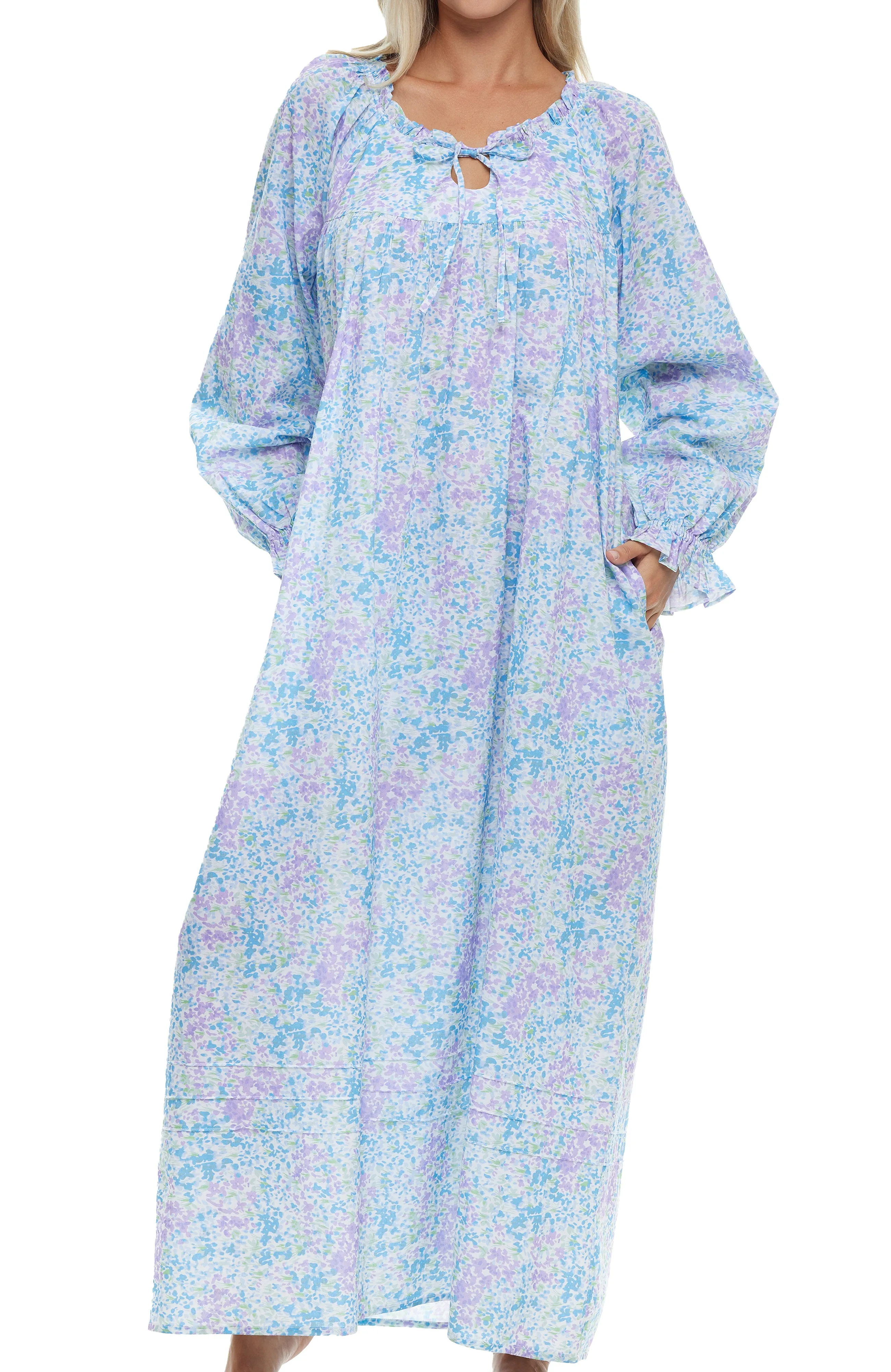 Women Cotton Victorian Nightgown Pockets, Long Sleeve Poet Nightshirt Ruffled Vintage Night Dress Gown